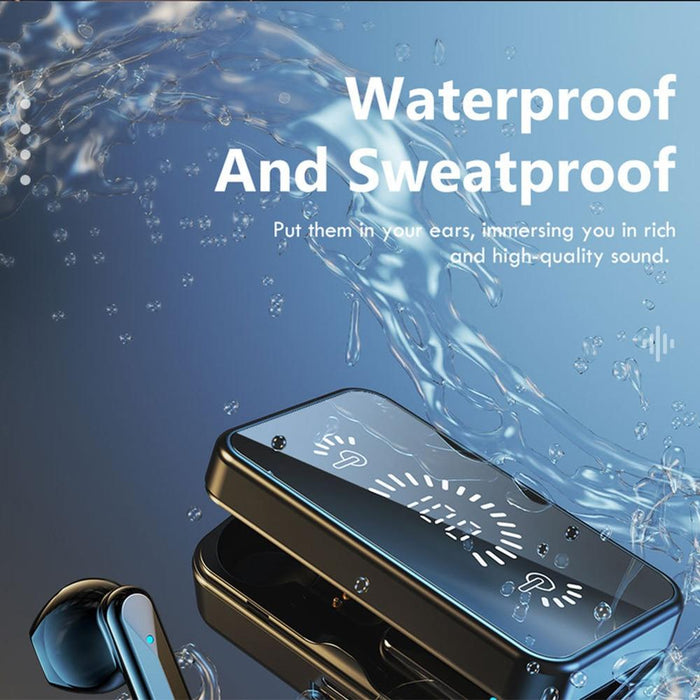 The image displays a pair of Ninja Dragons BT-MBOX True Wireless Earbuds by Yellow Pandora along with their charging case, under a splash of water. Text in the image reads: "Waterproof And Sweatproof. Put them in your ears, immersing you in rich and high-quality sound with CVC8.0 noise reduction." The background features a blue gradient.