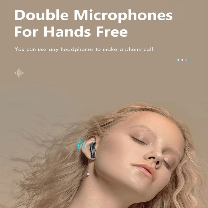 A person with closed eyes is wearing Ninja Dragons BT-MBOX True Wireless Earbuds from Yellow Pandora that light up in blue. The text reads, "Double Microphones For Hands Free with CVC8.0 Noise Reduction. You can use any headphones to make a phone call." The background is beige.