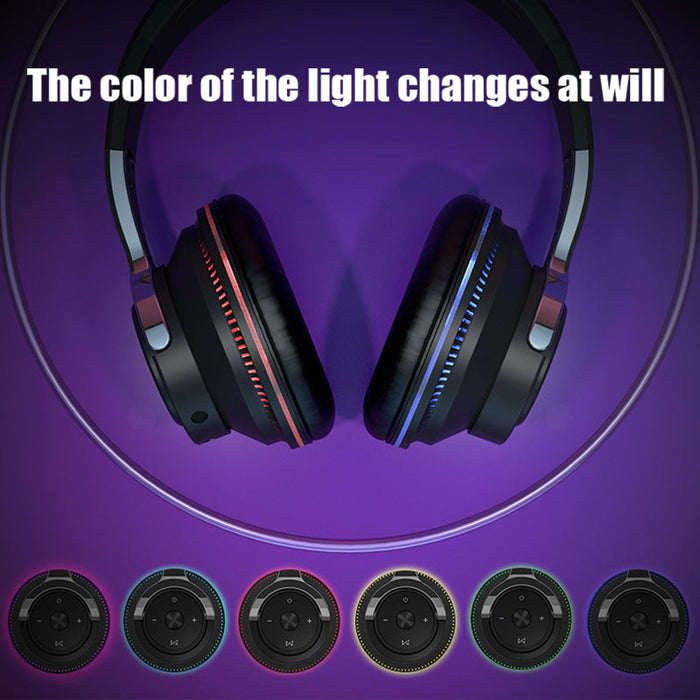 Image of a pair of Ninja Dragon Wireless Light Changing Bluetooth Gaming Headsets by Yellow Pandora against a purple background. Above the headphones, text reads, "The color of the light changes at will." Below the headphones are six circular images showcasing its noise cancellation feature with lights in various colors: red, blue, green, and more.