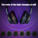 Image of a pair of Ninja Dragon Wireless Light Changing Bluetooth Gaming Headsets by Yellow Pandora against a purple background. Above the headphones, text reads, "The color of the light changes at will." Below the headphones are six circular images showcasing its noise cancellation feature with lights in various colors: red, blue, green, and more.