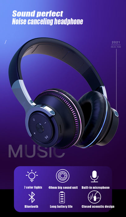 Black over-ear headphones with purple accents, featuring buttons on one ear cup. Text reads "Yellow Pandora Ninja Dragon Wireless Light Changing Bluetooth Gaming Headset." Features listed: 40mm big sound unit, built-in microphone, 7 color lights, Bluetooth 5.1, long battery life, closed acoustic design—perfect for a gaming headset.