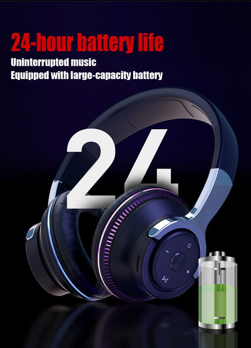 Against a dark background, the Ninja Dragon Wireless Light Changing Bluetooth Gaming Headset by Yellow Pandora is showcased, with black design and blue accents. The text highlights "24-hour battery life," "Uninterrupted music," and "Equipped with large-capacity battery." Additionally, it features Wireless Bluetooth 5.1 technology alongside an image of a fully charged green battery icon.