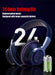 Against a dark background, the Ninja Dragon Wireless Light Changing Bluetooth Gaming Headset by Yellow Pandora is showcased, with black design and blue accents. The text highlights "24-hour battery life," "Uninterrupted music," and "Equipped with large-capacity battery." Additionally, it features Wireless Bluetooth 5.1 technology alongside an image of a fully charged green battery icon.