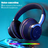 A pair of black and blue noise-canceling Bluetooth headphones is displayed on a shiny, colorful background. The text on the image reads, 