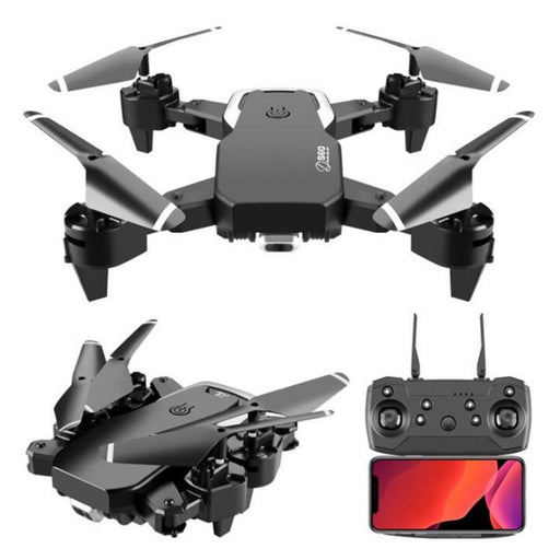 Image of a sleek black foldable camera drone from Blue Charlie, the "2021 NEW Drone 4K Profession HD Wide Angle Camera 1080P WiFi FPV Drone," shown both in its flying configuration and folded state. Additionally, there is a black wireless remote control with a smartphone attached, displaying a colorful screen. The components appear modern and sophisticated.