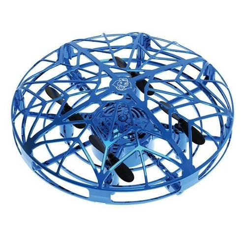 The Jade Flying Helicopter Mini drone UFO RC Drone Infrared Induction Aircraft features a blue, spherical design with an open cage-like structure that surrounds the blades, enabling airflow while safeguarding them from direct contact. Operated through a wireless remote control, this drone’s intricate geometric frame offers a sleek and modern design, making it ideal for both beginners and experienced users.