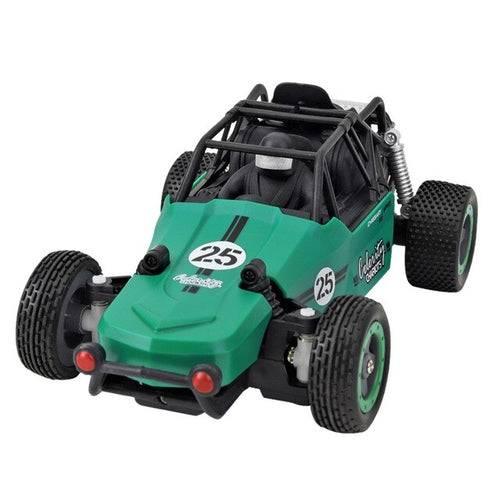 The Orange Ariadne Remote Control Wall Climbing Rc Car Truck, with its striking green and black design featuring the number 25 on the hood and sides, boasts rugged dirt bike-style wheels. Its roll cage and intricate suspension details ensure an exhilarating experience, all showcased against a crisp white background.