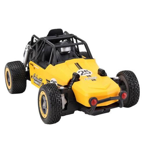 Introducing the Orange Ariadne Remote Control Wall Climbing Rc Car Truck: a vibrant yellow remote-controlled toy dune buggy equipped with a protective roll cage, sleek black accents, and eye-catching number 25 decals on the sides. It boasts rugged knobby tires and vivid red rear lights, powered by a battery designed for exciting off-road adventures.