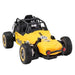 Introducing the Orange Ariadne Remote Control Wall Climbing Rc Car Truck: a vibrant yellow remote-controlled toy dune buggy equipped with a protective roll cage, sleek black accents, and eye-catching number 25 decals on the sides. It boasts rugged knobby tires and vivid red rear lights, powered by a battery designed for exciting off-road adventures.