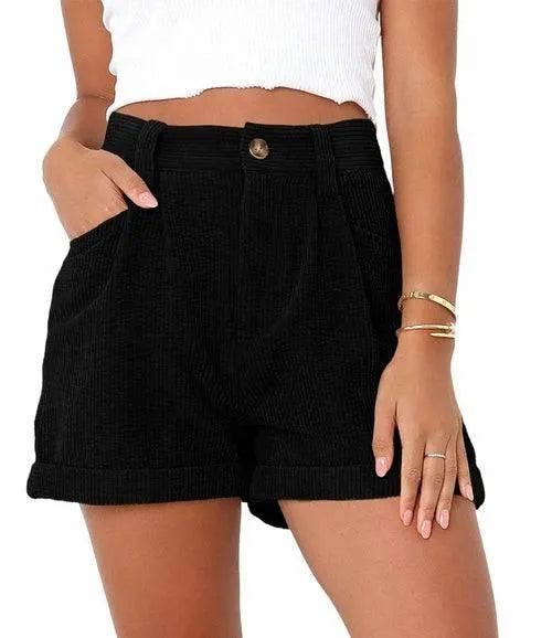 High waisted solid corduroy loose shorts - Lacatang Shop