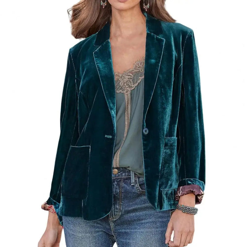 Stylish Women Coat Warm Fashion Golden Velvet Small Suit Jacket Long Sleeve 3D Cutting Office Outerwear - Lacatang Shop