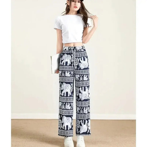 Summer Palazzo Pants with Pockets for Women Drawstring High Waisted Wide Leg Bohemian Elephant Printed Lounge Trousers - Lacatang Shop