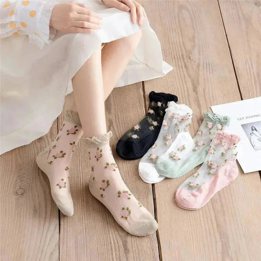 Summer Ultra - thin Transparent Lace Ruffle Socks Vintage Rose Flower Crystal Silk Socks Women Girls Kawaii Harajuku Crew Socks - Lacatang Shop