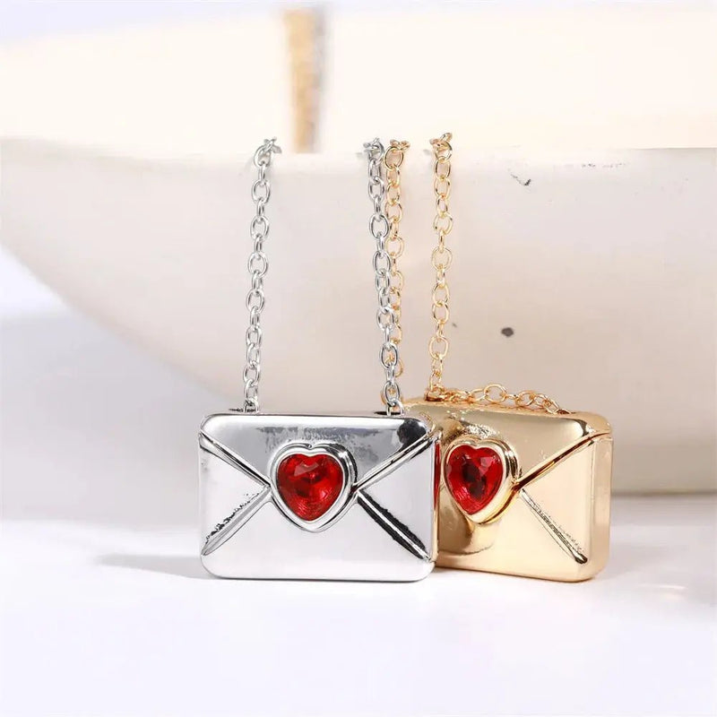 Trendy I Love You Letter Openable Envelope Shape Pendant Necklace Red Heart Zircon Stainless Steel Necklace Valentine Day Gifts - Lacatang Shop
