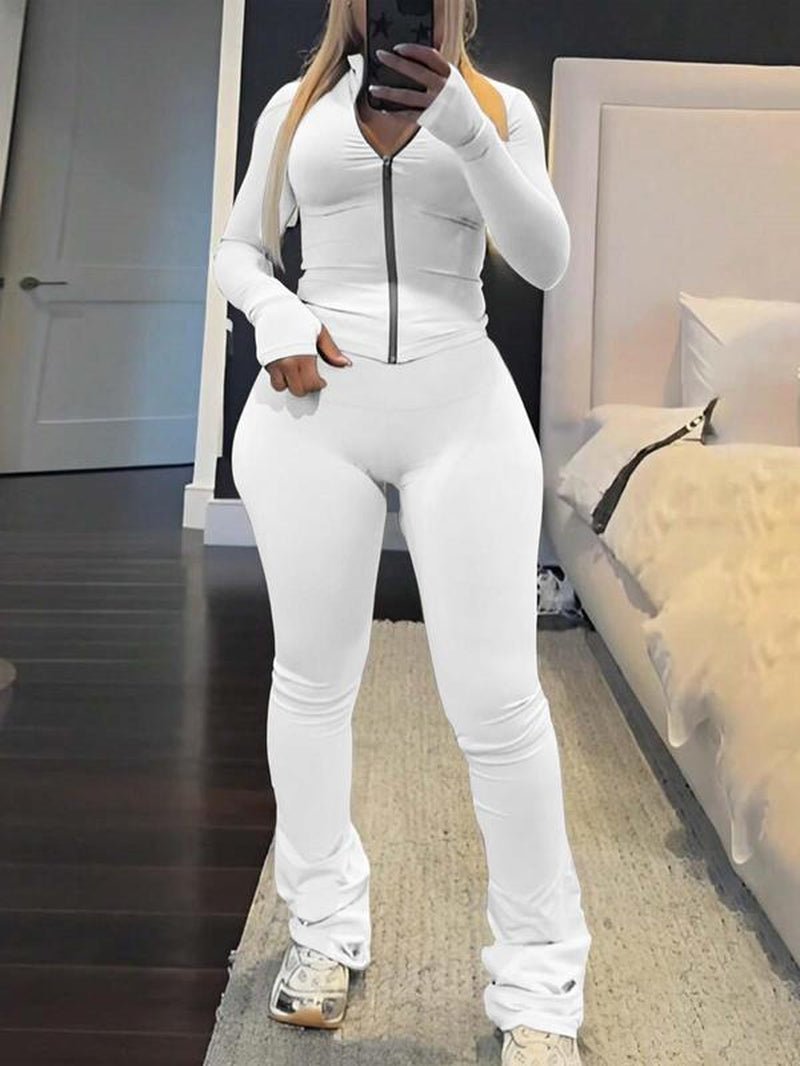 Two - Piece Set Women'S Solid Zip up Crop Top & High Waist Skinny Pants, Casual Fashion Cozy Breathable Outfits for Daily Outdoor Wear, Women Clothes for Fall & Winter - Lacatang Shop