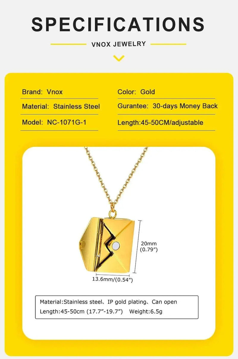 Vnox 2022 New Trendy Envelope Necklaces for Women Girls Jewelry, Gold Color Stainless Steel Email Pendant Collar Keepsake Gifts - Lacatang Shop