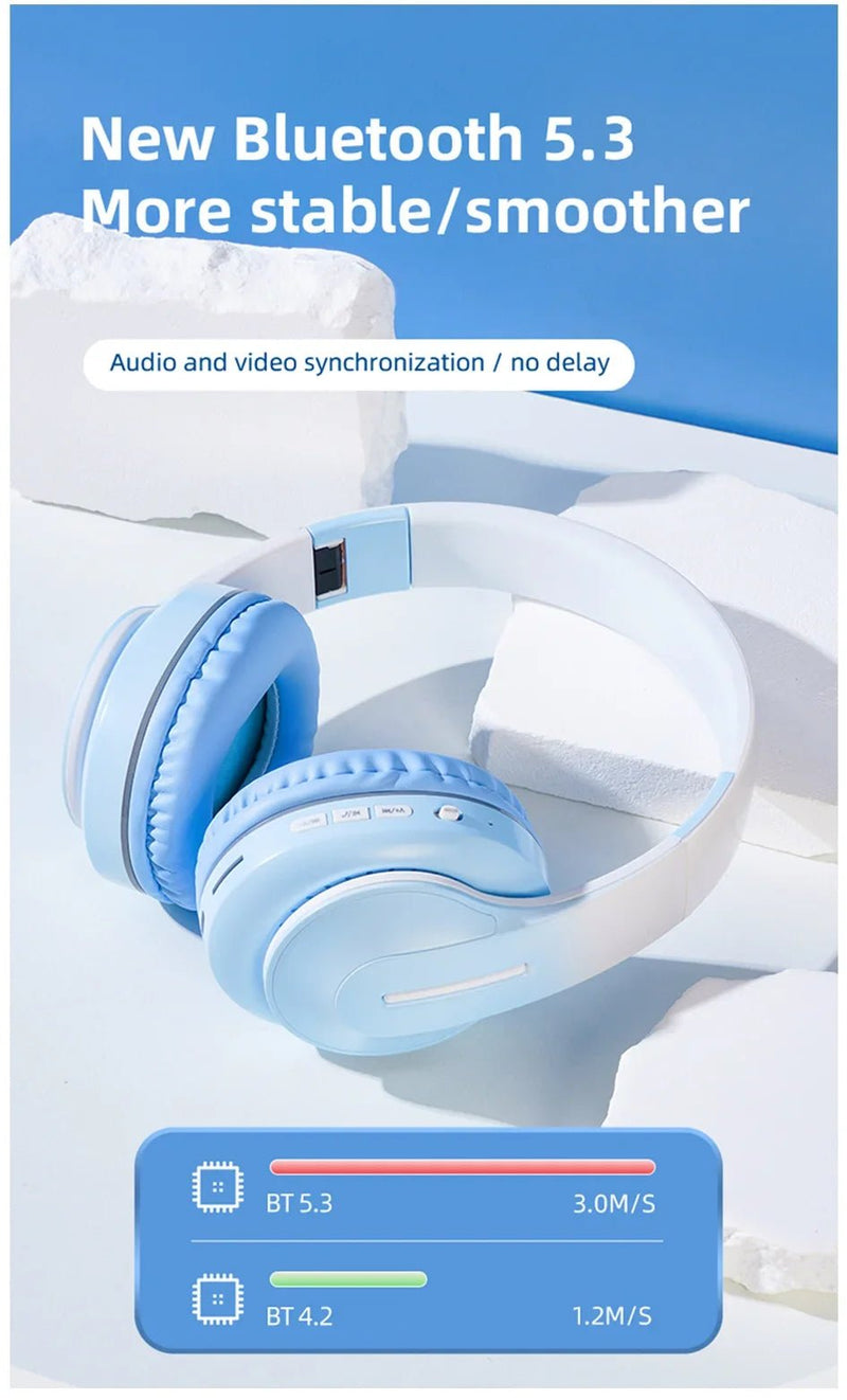 Wireless Headphones Bluetooth 5.0 Stereo Sound Sports Headset Foldable Music Game Earphone Microphone Gradient Color Earbuds New - Lacatang Shop