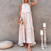 Women Casual Solid Ruffles Long Dress Summer Elegant Sleeveless Sundress Elegant Harajuku Maxi Dress Beach Party Evening Vestido - Lacatang Shop