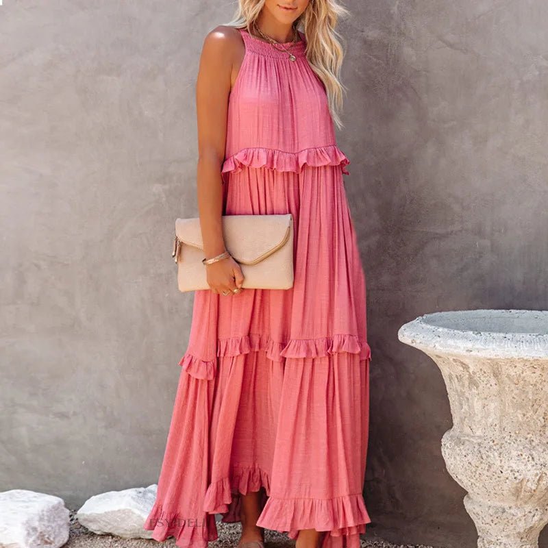 Women Casual Solid Ruffles Long Dress Summer Elegant Sleeveless Sundress Elegant Harajuku Maxi Dress Beach Party Evening Vestido - Lacatang Shop