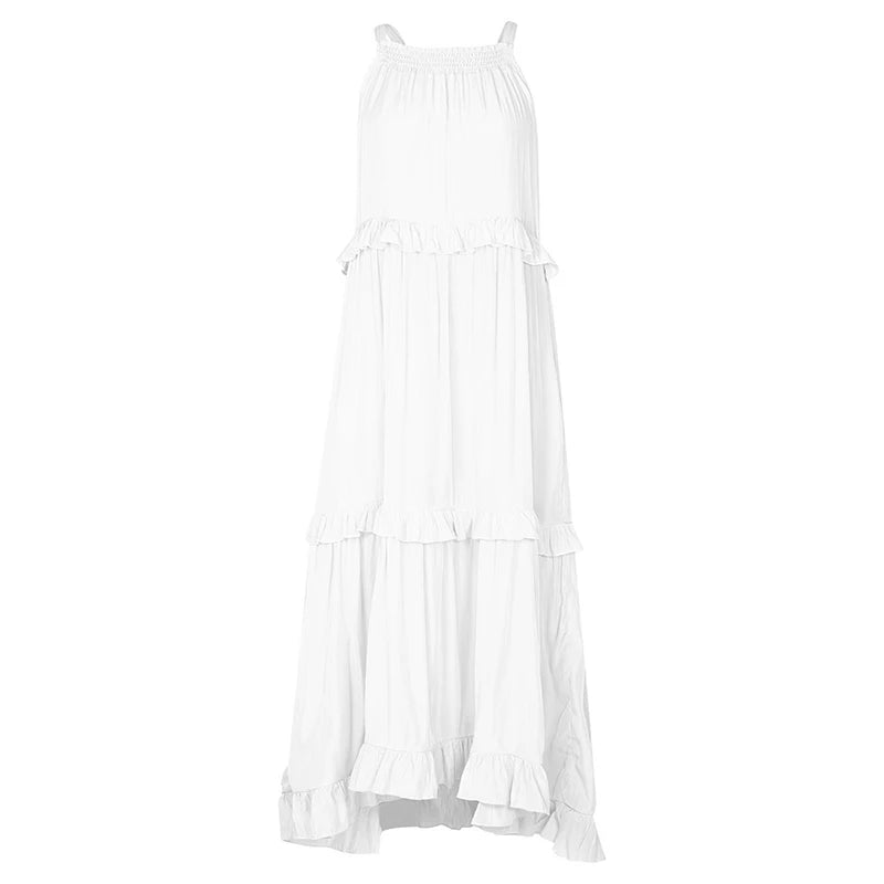 Women Casual Solid Ruffles Long Dress Summer Elegant Sleeveless Sundress Elegant Harajuku Maxi Dress Beach Party Evening Vestido - Lacatang Shop
