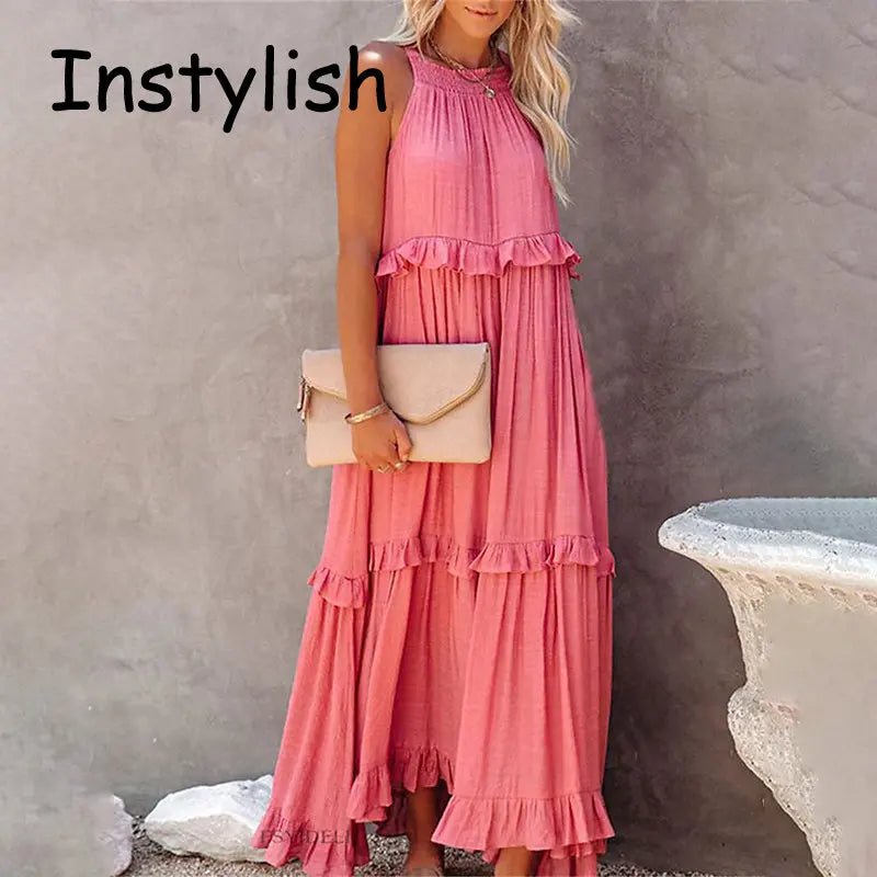 Women Casual Solid Ruffles Long Dress Summer Elegant Sleeveless Sundress Elegant Harajuku Maxi Dress Beach Party Evening Vestido - Lacatang Shop