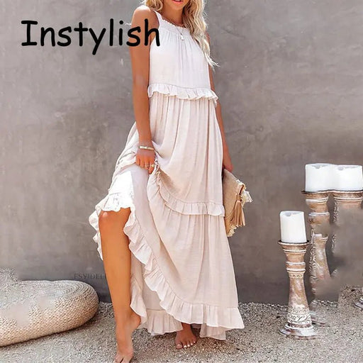 Women Casual Solid Ruffles Long Dress Summer Elegant Sleeveless Sundress Elegant Harajuku Maxi Dress Beach Party Evening Vestido - Lacatang Shop