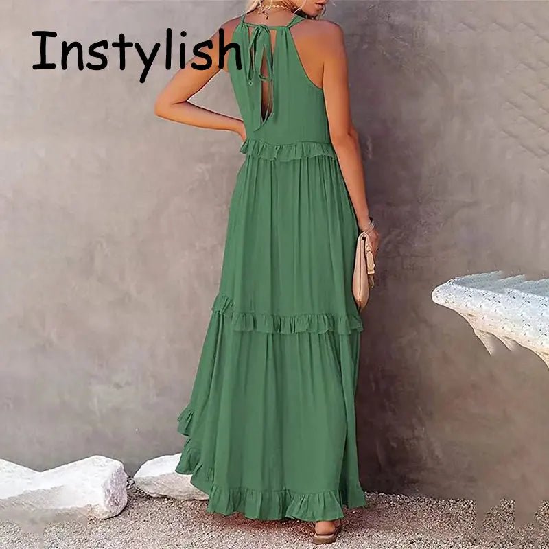 Women Casual Solid Ruffles Long Dress Summer Elegant Sleeveless Sundress Elegant Harajuku Maxi Dress Beach Party Evening Vestido - Lacatang Shop
