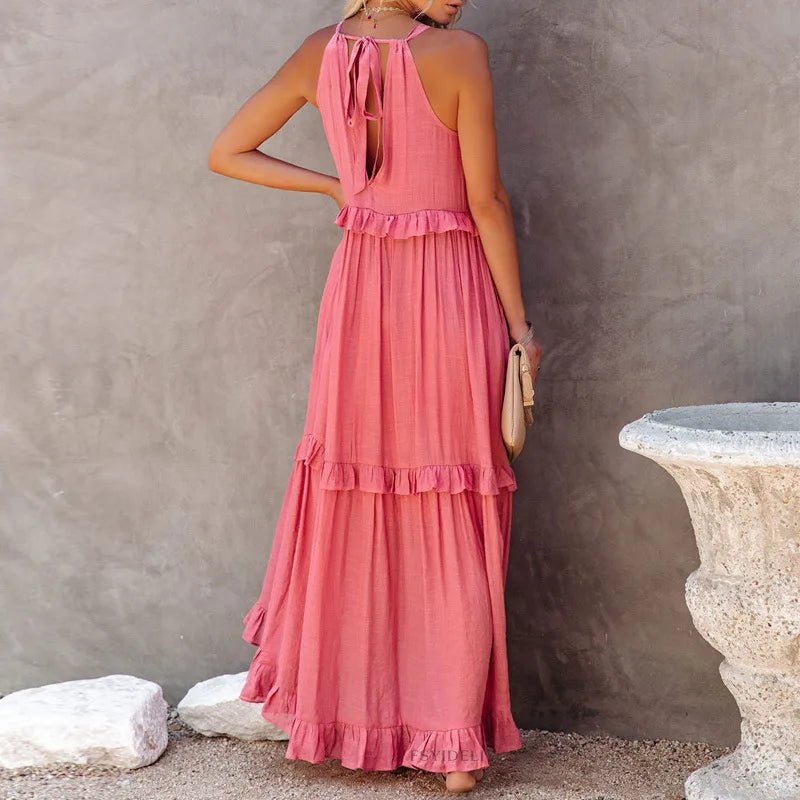 Women Casual Solid Ruffles Long Dress Summer Elegant Sleeveless Sundress Elegant Harajuku Maxi Dress Beach Party Evening Vestido - Lacatang Shop