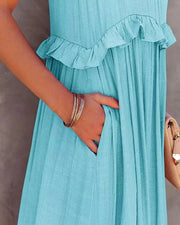 Women Casual Solid Ruffles Long Dress Summer Elegant Sleeveless Sundress Elegant Harajuku Maxi Dress Beach Party Evening Vestido - Lacatang Shop