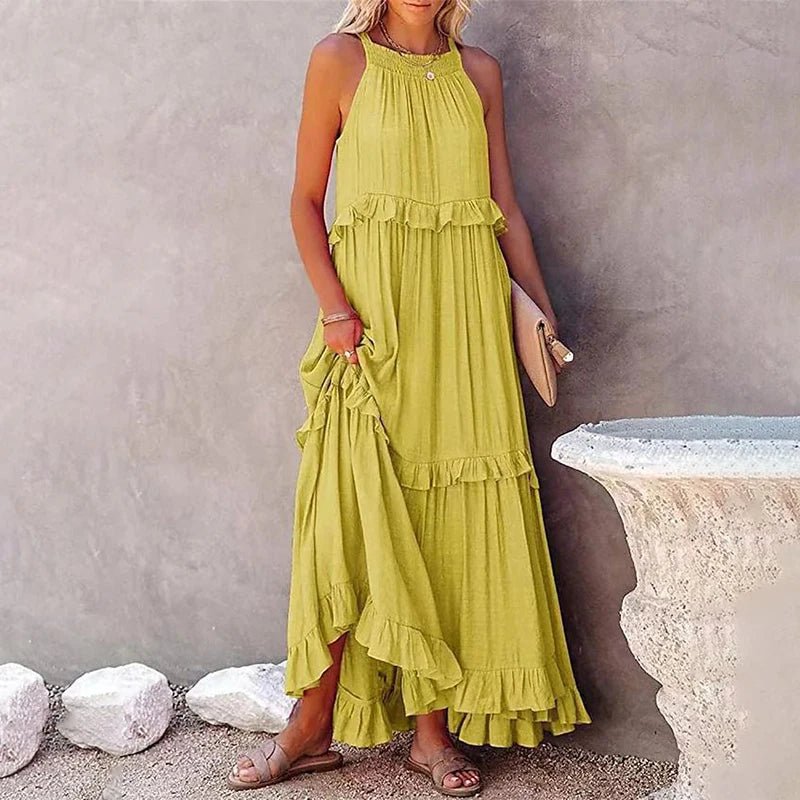 Women Casual Solid Ruffles Long Dress Summer Elegant Sleeveless Sundress Elegant Harajuku Maxi Dress Beach Party Evening Vestido - Lacatang Shop