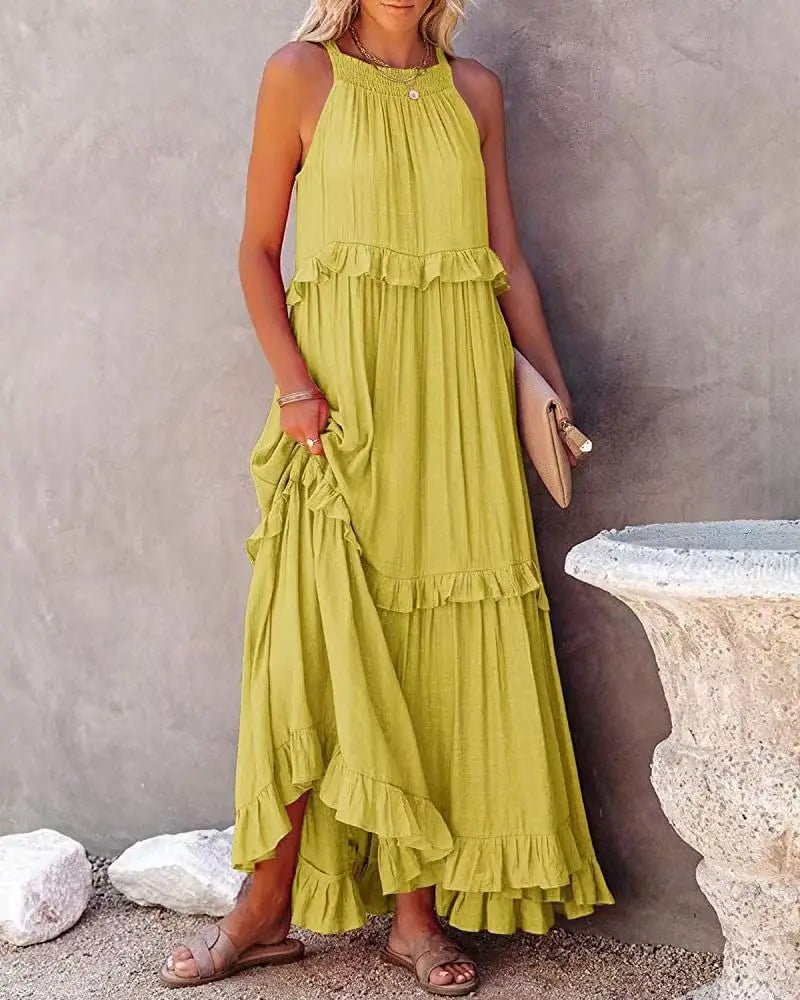 Women Casual Solid Ruffles Long Dress Summer Elegant Sleeveless Sundress Elegant Harajuku Maxi Dress Beach Party Evening Vestido - Lacatang Shop