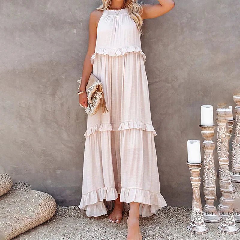 Women Casual Solid Ruffles Long Dress Summer Elegant Sleeveless Sundress Elegant Harajuku Maxi Dress Beach Party Evening Vestido - Lacatang Shop