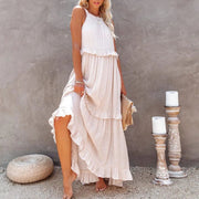 Women Casual Solid Ruffles Long Dress Summer Elegant Sleeveless Sundress Elegant Harajuku Maxi Dress Beach Party Evening Vestido - Lacatang Shop